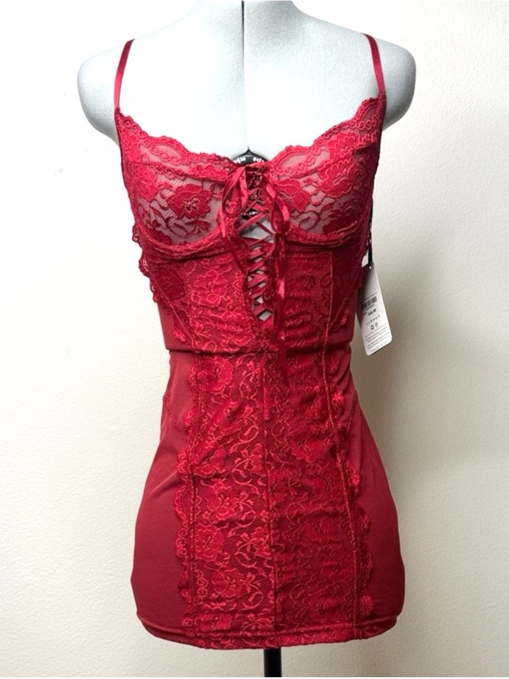 Lace Mesh Chemise Red Lingerie Bustier Slip Dress NWT S